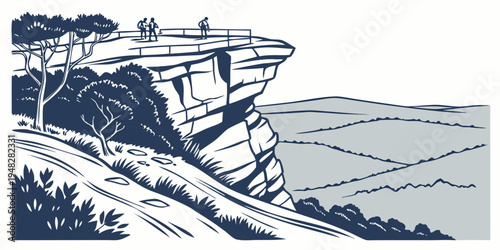 a blue and white illustration of a rocky cliffside with trees Vector
