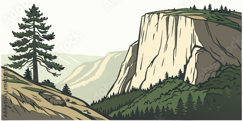 a large cliff with a tree on the side of a mountain Vector
