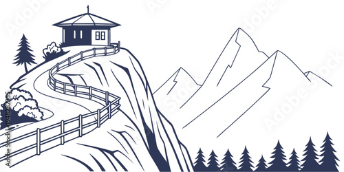 a pagoda on a mountain with a bridge and trees Vector