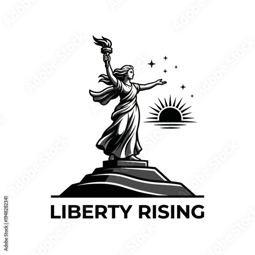 This captivating image features the iconic Statue of Liberty, symbolizing hope and freedom, poised majestically atop a pedestal with a radiant sun rising behind her.