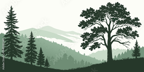 a serene landscape with trees and rolling hills Vector
