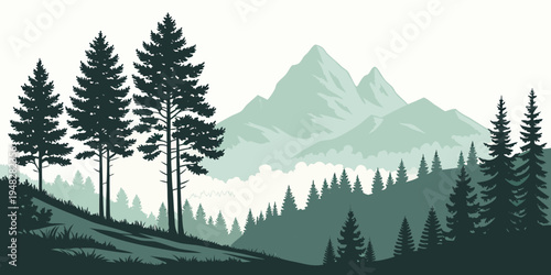 a serene mountain landscape with pine trees Vector