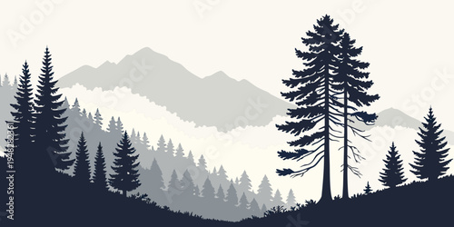 a serene mountain landscape with pine trees Vector