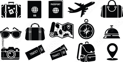 Travel icons silhouette isolated on transparent background