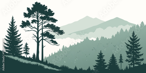 a serene mountain landscape with trees and hills Vector