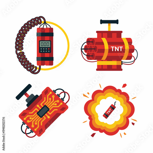 An abstract illustration showcasing various explosive devices including dynamite and detonation equipment, ideal for themes related to action, danger, or tension in graphic designs.