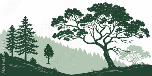 a green silhouette of trees on a hillside Vector