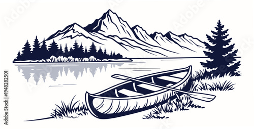 a small boat sitting on the shore of a lake Vector