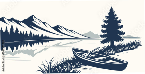 a canoe sits on the shore of a lake with a pine tree Vector