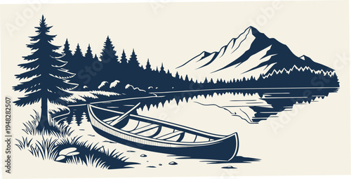a blue and white drawing of a mountain lake scene Vector