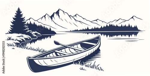a canoe floats on a serene lake with mountains in the background Vector
