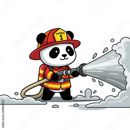 An adorable panda dressed as a firefighter holding a water hose, playfully engaging with water, symbolizing bravery, community service, and the importance of safety.