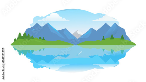 a scenic landscape of a lake and mountains Vector