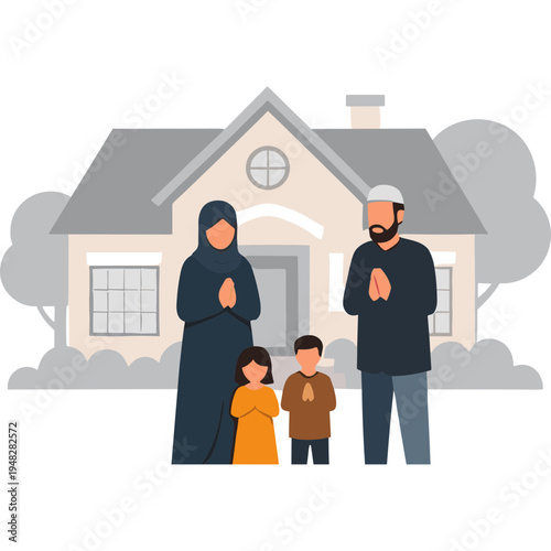 Family standing in front of their house praying together outdoors