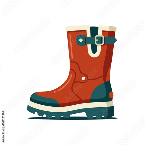 This vibrant red rubber boot features a stylish design, representing functionality and fashion, perfect for rainy days or outdoor activities.