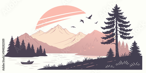 a serene mountain landscape with a lake and trees at sunset Vector