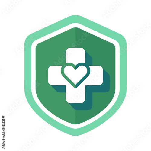 A modern shield symbol representing healthcare with a heart and cross, symbolizing protection and care for health. Perfect for medical or wellness themes.