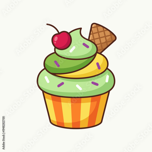 A vibrant green cupcake topped with swirls of frosting, a red cherry, and a cone depicts an inviting and playful dessert ideal for sweet cravings or celebrations.