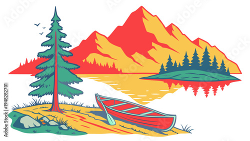 a red canoe sitting on a shore with a pine tree and mountains Vector