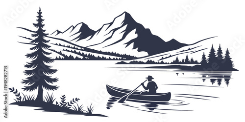 man in a canoe on a lake with mountains Vector
