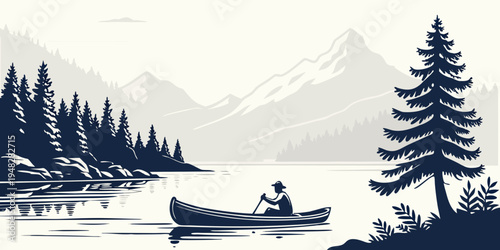 a person in a canoe on a lake with mountains Vector