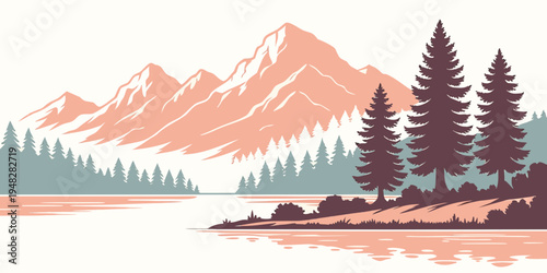 a serene mountain landscape with trees and a lake Vector