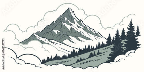 a mountain landscape with trees and clouds Vector