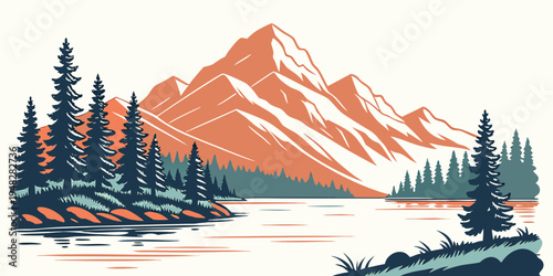 a serene mountain landscape with a lake and trees Vector