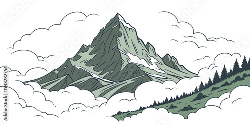 a large mountain with clouds and trees around it Vector