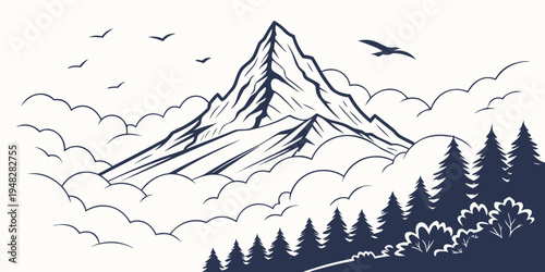 a mountain landscape with trees and birds Vector