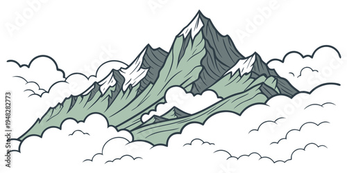 a mountain range with snow on the peaks and birds flying around Vector