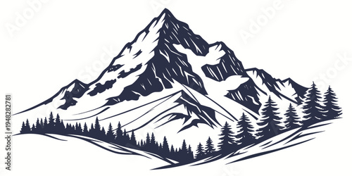a snow covered mountain with trees on a hillside Vector