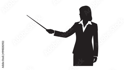 Silhouette of a Professional Businesswoman or Teacher Using a Pointer Stick During a Presentation