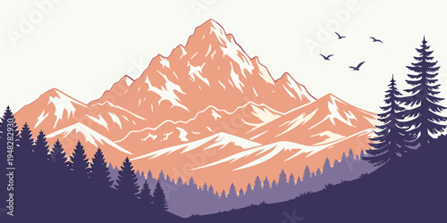 a mountain range with trees and birds flying overhead Vector