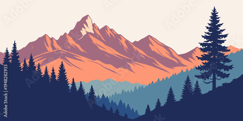 sunset over mountain range with pine tree Vector