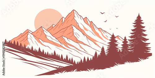 a mountain range with trees and a sun Vector