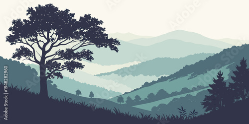a tree on a hill overlooking a mountain range Vector
