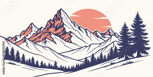 snowy mountain range with trees and sunset Vector