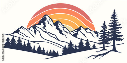 a mountain landscape with trees and a sunset Vector