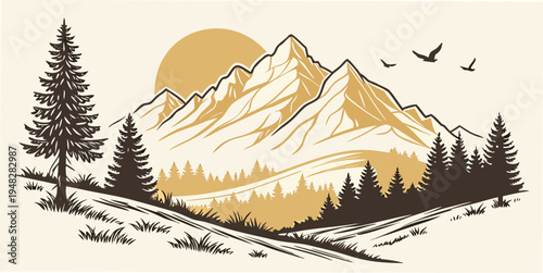 a mountain landscape with trees and a sun Vector