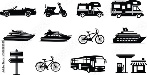 Silhouette of various transportation vehicles isolated on transparent background