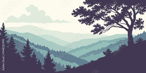 a pixel art landscape of a mountain range with trees Vector