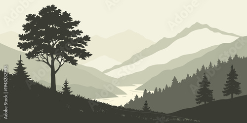 a tree on a hill overlooking a serene mountain landscape Vector