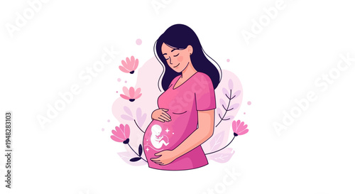 Illustration of a pregnant woman cradling her belly with love surrounded by pink flowers symbolizing prenatal life awareness and motherhood