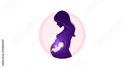 A purple silhouette illustration of a pregnant woman cradling her belly with a glowing baby inside, symbolizing prenatal life awareness and motherhood in a circular design