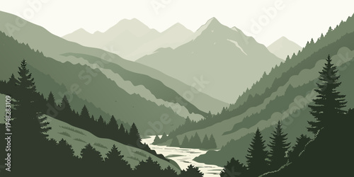 a serene mountain landscape with a river and trees Vector