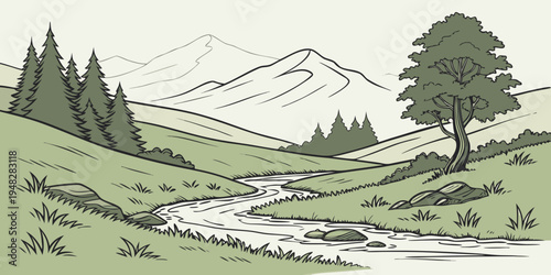 a serene mountain landscape with a stream and trees Vector