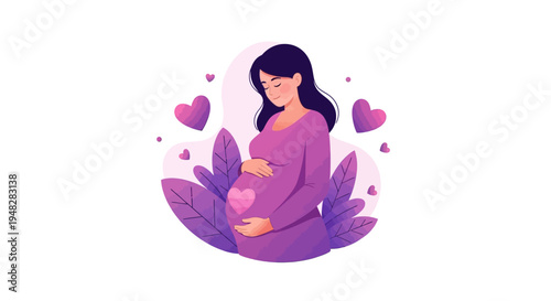 Illustration of a pregnant woman surrounded by hearts and leaves in purple hues conveying prenatal life awareness and motherhood