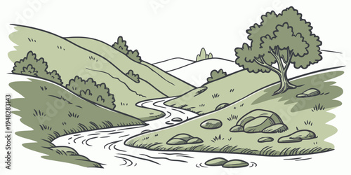 a green landscape with a tree on a hill and a stream Vector