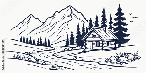 a small house in a snowy landscape with mountains Vector